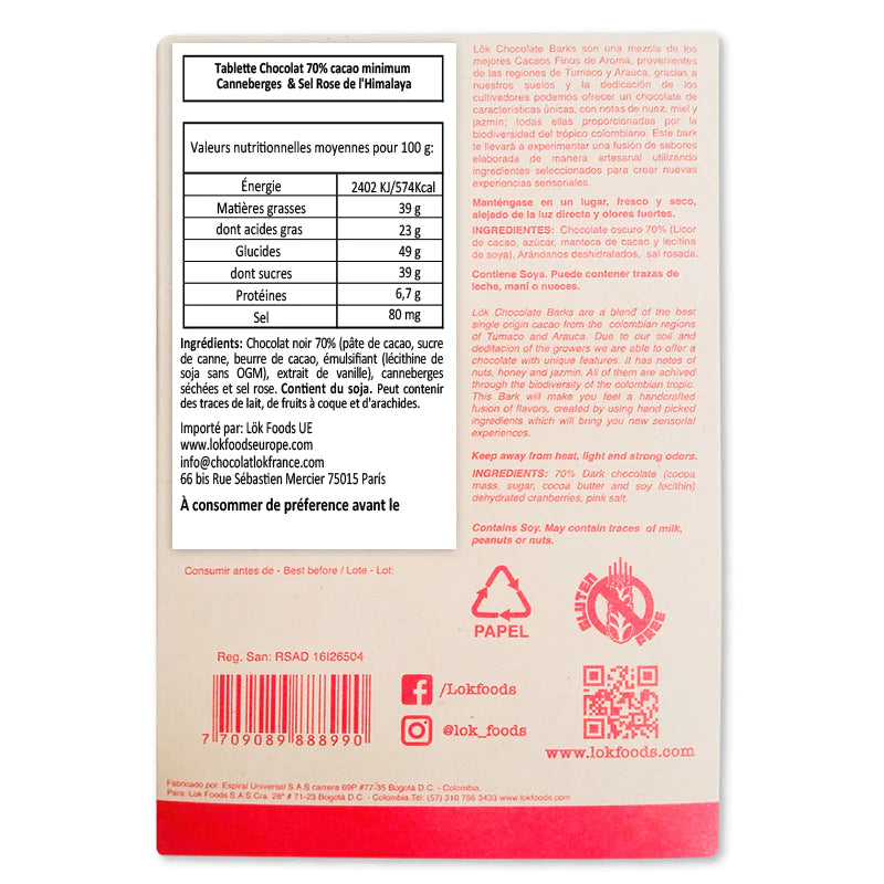 Tablette de chocolat gourmande canneberge et sel rose de l'Himalaya