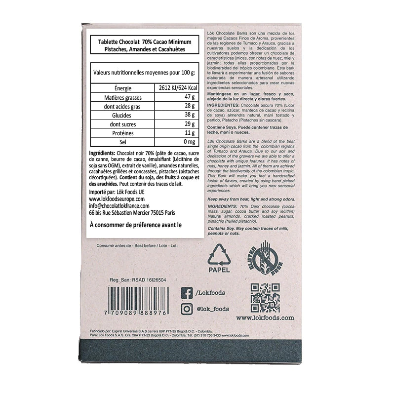 Tablette de chocolat gourmande pistache, amande & cacahuète